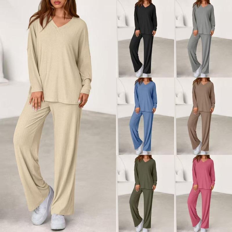 New Spring/Summer Two-Piece Set Cotton-Like Casual V-Neck Long-Sleeve Loose-Fit Pants Set for Women