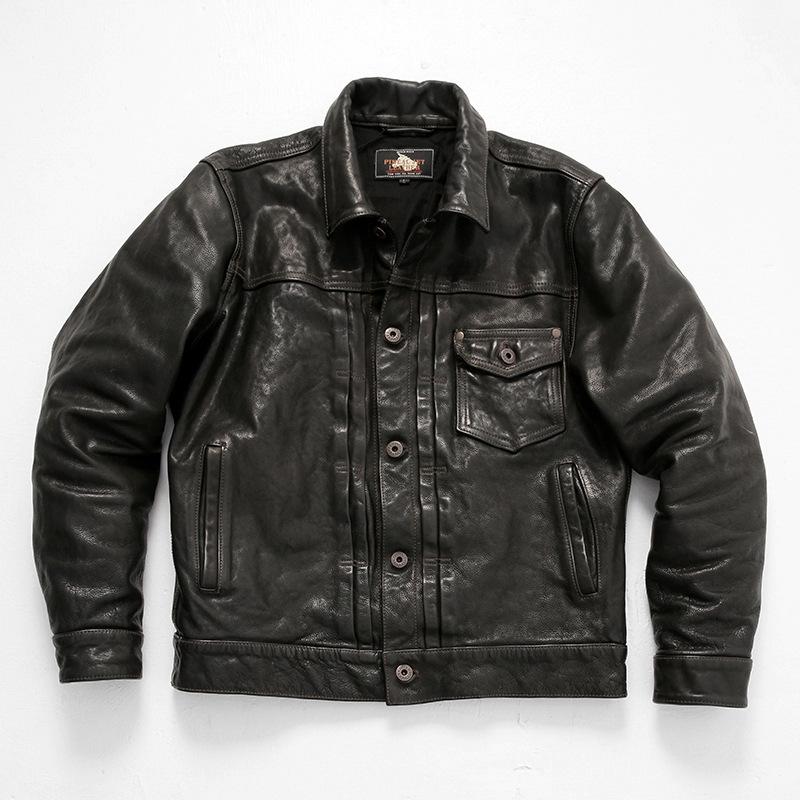 Denim leather jacket men's lapel leather jacket locomotive clothing casual short first-layer cowhide jacket