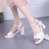 Summer New Rhinestone High Heel One-word Buckle High Thick Heel Women's Sandals Beaded Fish Mouth Fashion Shoes