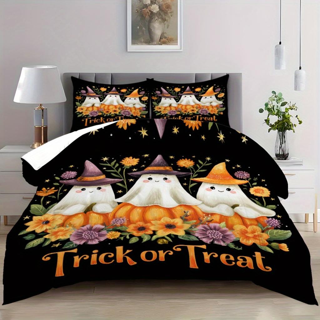 3pcs Cute Halloween Ghost Digital Printed Bedding Set Cozy Duvet Cover King Queen Twin Single Size Halloween Gift Bedroom Decor