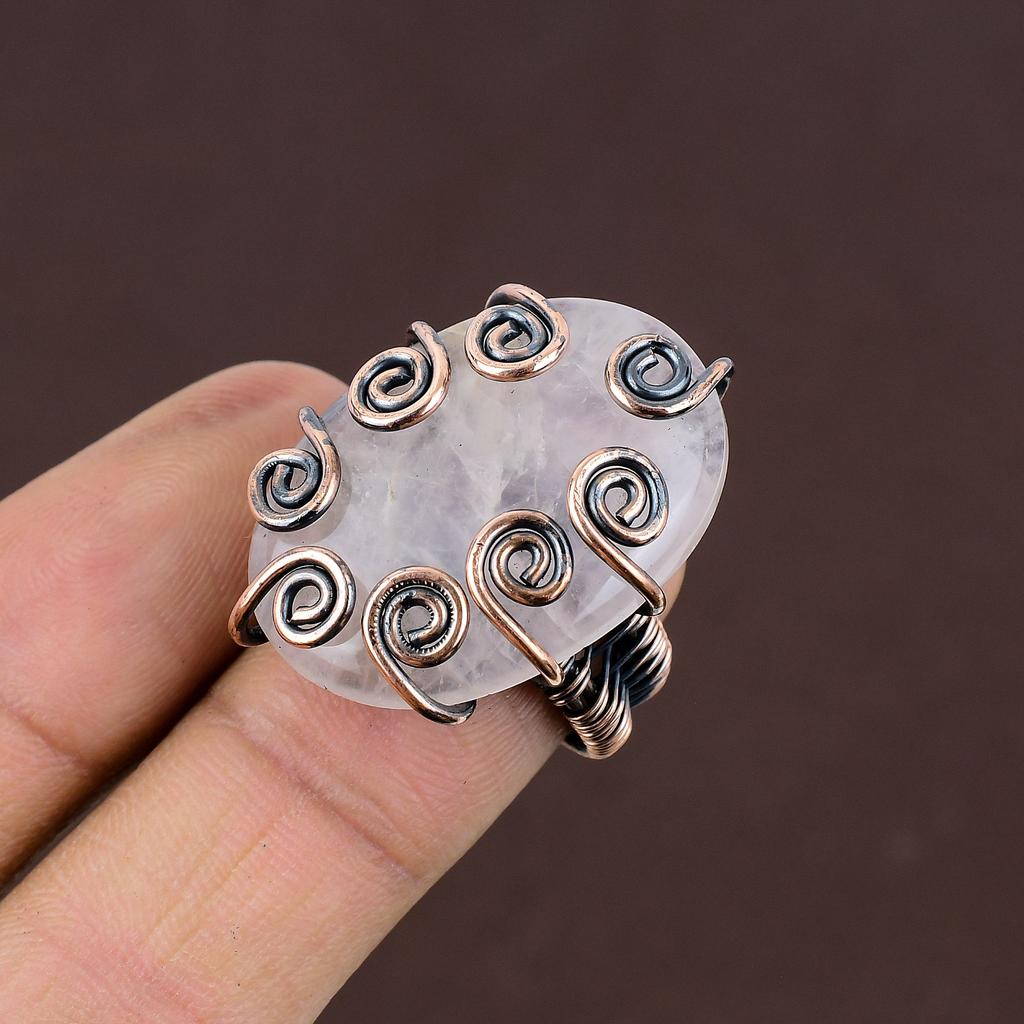 Natürlicher Rosenquarz Edelstein Handgemachter Kupferdraht Wickelring Größe 6,5 s2t02