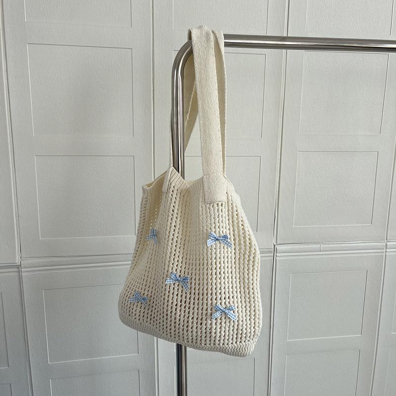 Yogodlns Women's Bow Design Shoulder Bag Raffia Aesthetics Crochet Handbag Purses Knitted Shopping Bag Summer Beach Bag