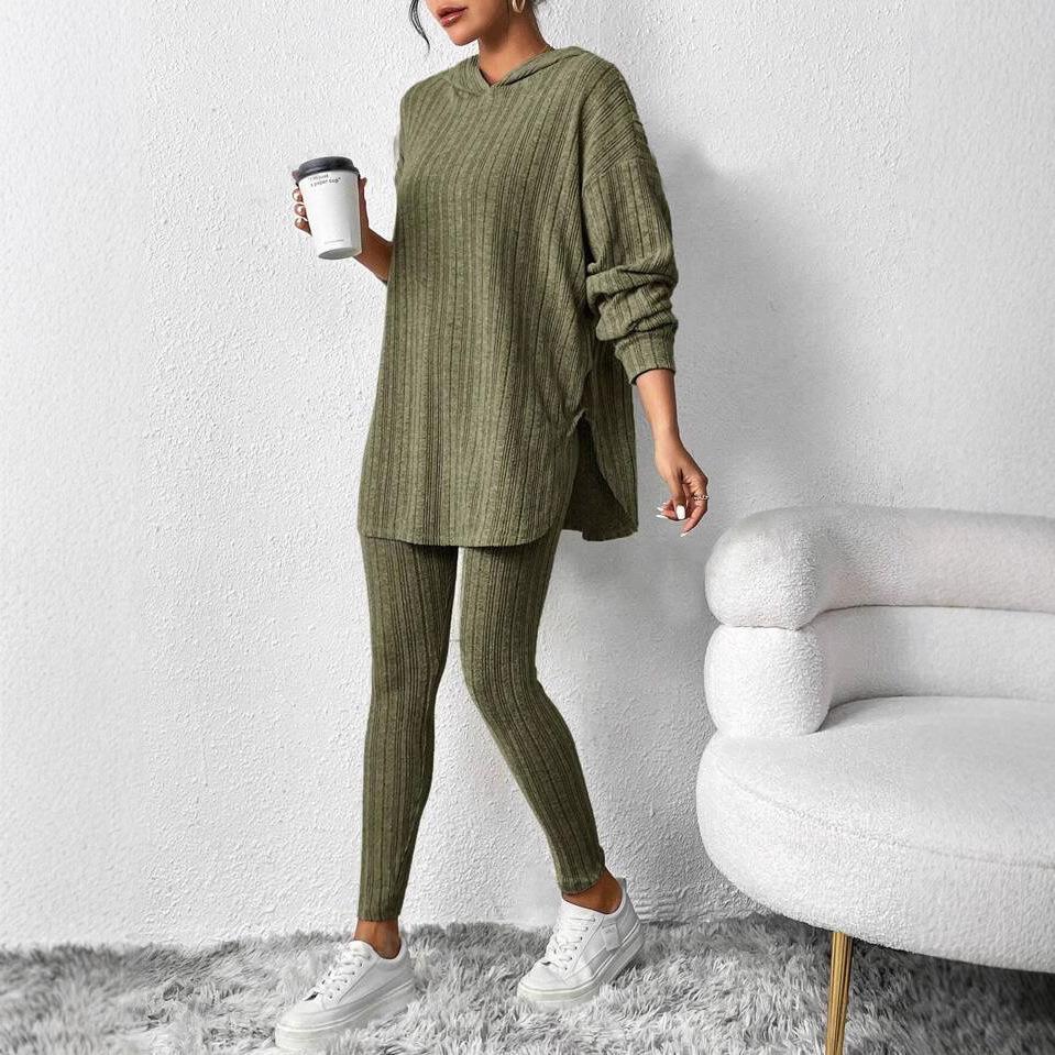 2025 Autumn and Winter Women's Pit Loose Hooded Long Sleeve Casual Pants Threaded Suit