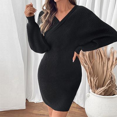 Autumn and Winter Women's V-neck Bat Sleeve Solid Color Knit Sweater Dress