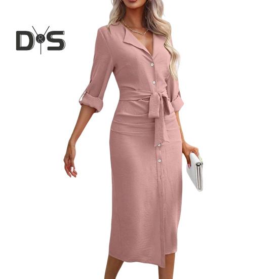 

Женское платье для поездок на работу Платье с отложным воротником, V-образным вырезом, шнуровкой, поясом на талии, однобортное платье с длинными рукавами и запонкой, разрез по низу, офисное платье миди L розовый