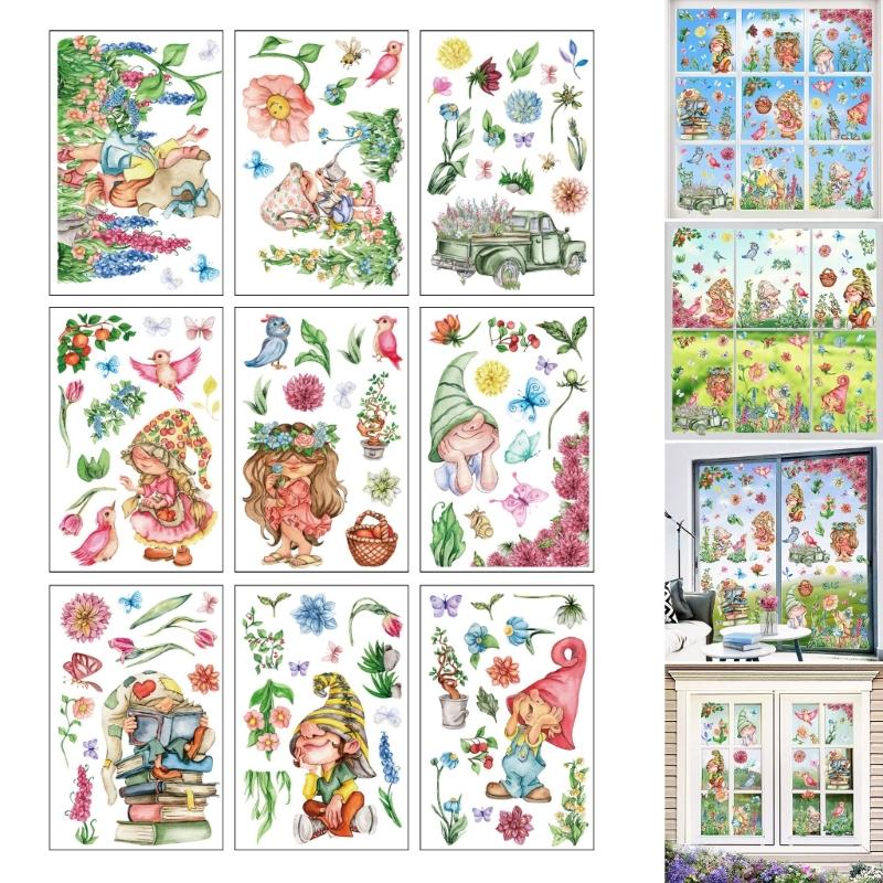 9 Sheets Spring Flower Butterfly Gnomes Window Sticker Reusable PVC Decal Glass Door Clings for Home School Party Decors