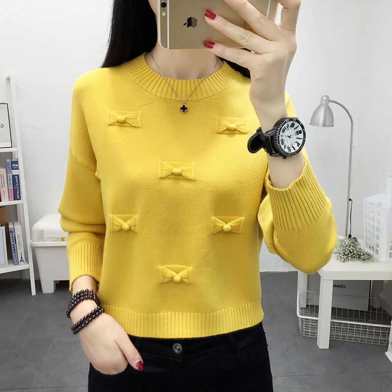 Women's Knitted Top Autumn Winter Korean Style Loose Sweater Crew Neck Pullover Long Sleeve Short Length Base Layer Upper Garment
