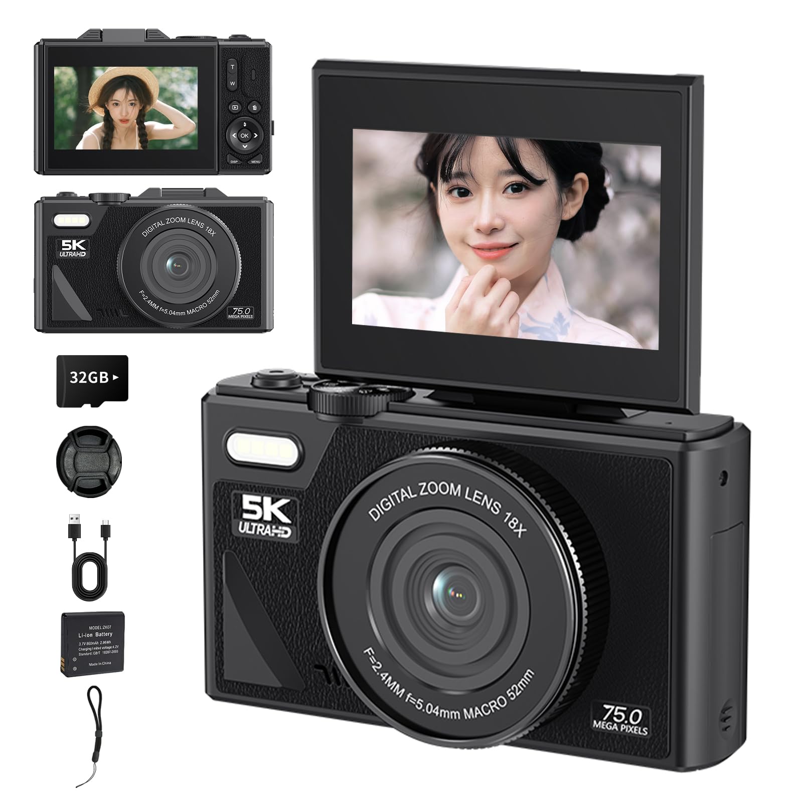 

5K Digital Can Send to WIFI Transfer 180 Degree Rotatable 32GB Micro SD Card 18x Digital Autofocus Function Camera, Smartphone, Function, 75MP, чорний