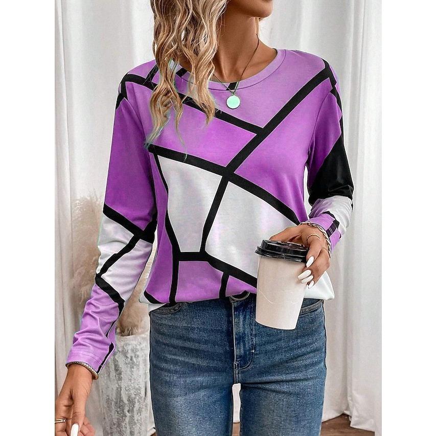

Весенне-осенний топ с круглым вырезом, геометрическим цветным блоком и 3D-принтом, модная повседневная женская футболка с длинным рукавом 5XL