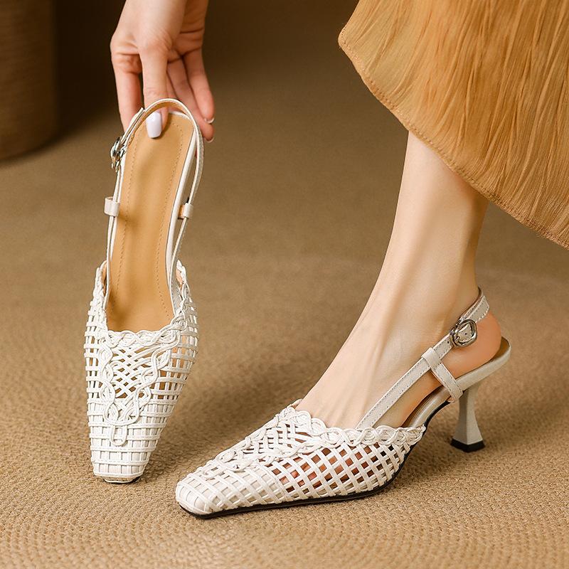 French niche design sense woven square head hollow bag head sandals women's skirt summer green vacation sandals