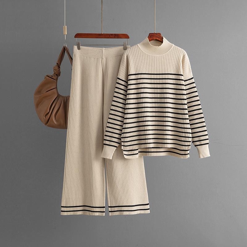 Fall Winter Lazy Wind Loose High Collar Pulllover Sweater Suit Women's Stripe Long Sleeve Knit Wide Leg Pants Two Piece Set