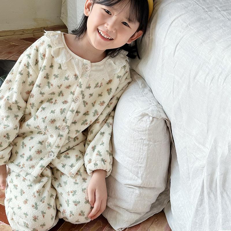 Kinder Pyjamas Herbst und Winter Plus Samt Verdickung Mädchen Baby Home Service Anzug Koreanische Spitze