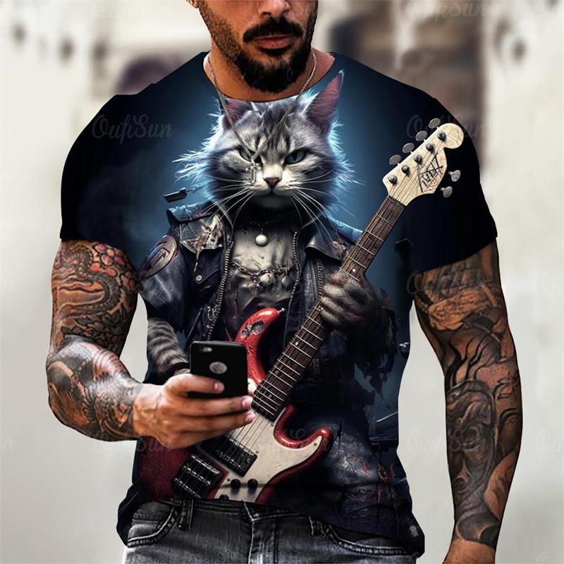 Rock Guitar Cat Graphic T-shirt Summer Fashion Short Sleeve Cool 3D Animal Printing Men's T-shirt Casual Street Shirt