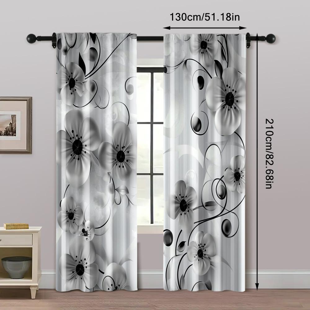 Set Of 2 Bohemian Print Curtains Style Black Floral Durable Polyester Fabric Without Rod Art Deco Festive Perfect Curtain Made