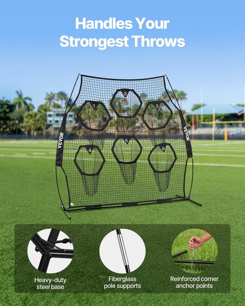 2438.4x2438.4mm Football Trainer Throwing Net, Training Throwing Target Practice Net with 6 Target Pockets, Knotless Net Includes Straps and Portable