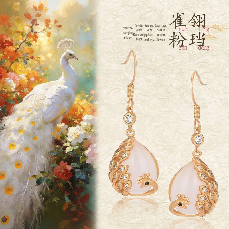 Peacock Imitation Hetian Jade Earrings: High-End Chinese Court Style with Fashionable Ear Hook for Women