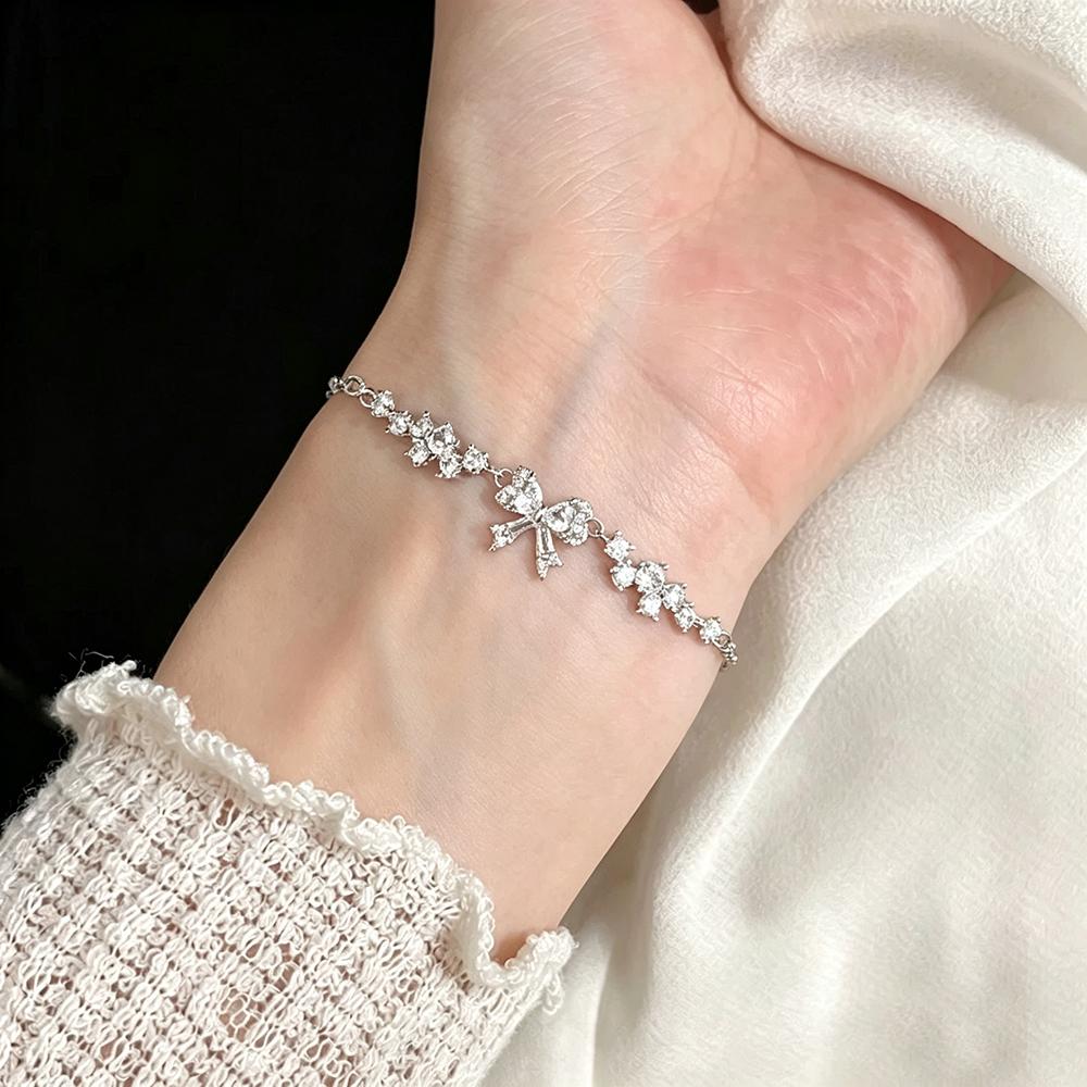 Sweet Bowknot Zircon Charm Bracelet Silver Plated Full Paved Adjustable Box Chain Women Bracelet
