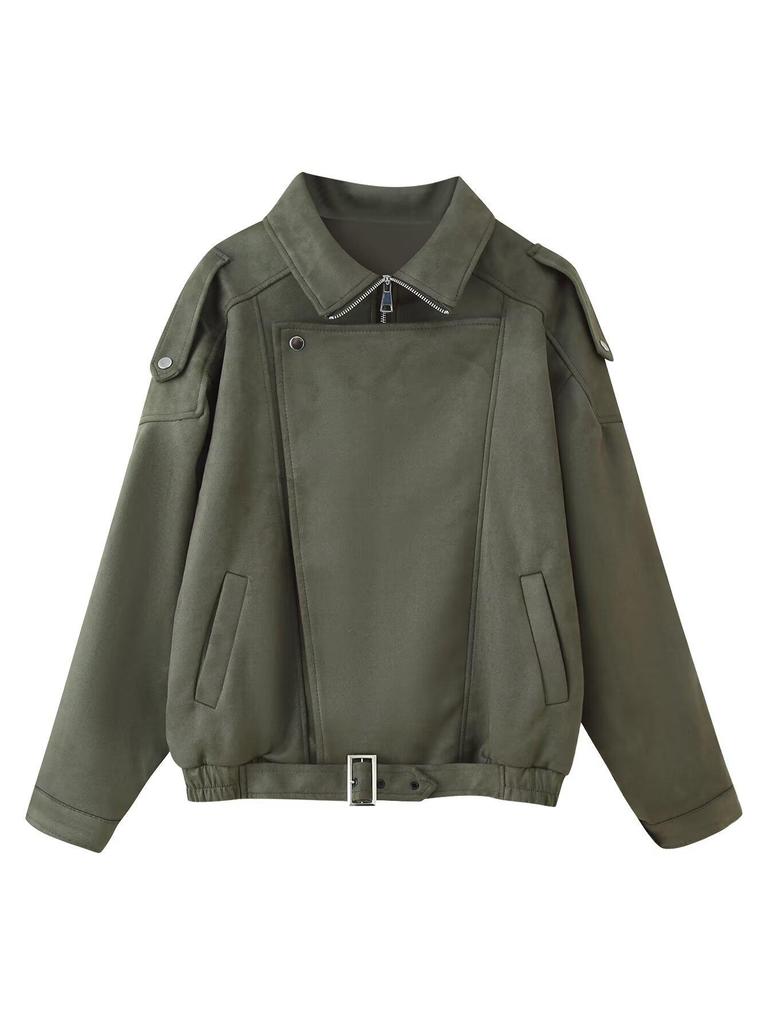 Asymmetrische Bikerjacke für Damen mit Reißverschluss in braunem Wildleder-Look