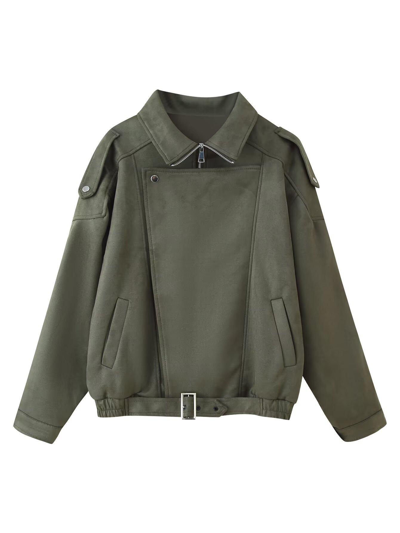 

Женская асимметричная байкерская куртка коричневого цвета с текстурой замши S армия зеленый