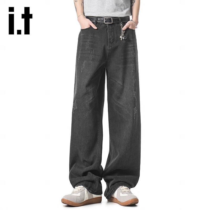 izzueit Men s Loose Straight-Leg Retro Denim Jeans M чёрный