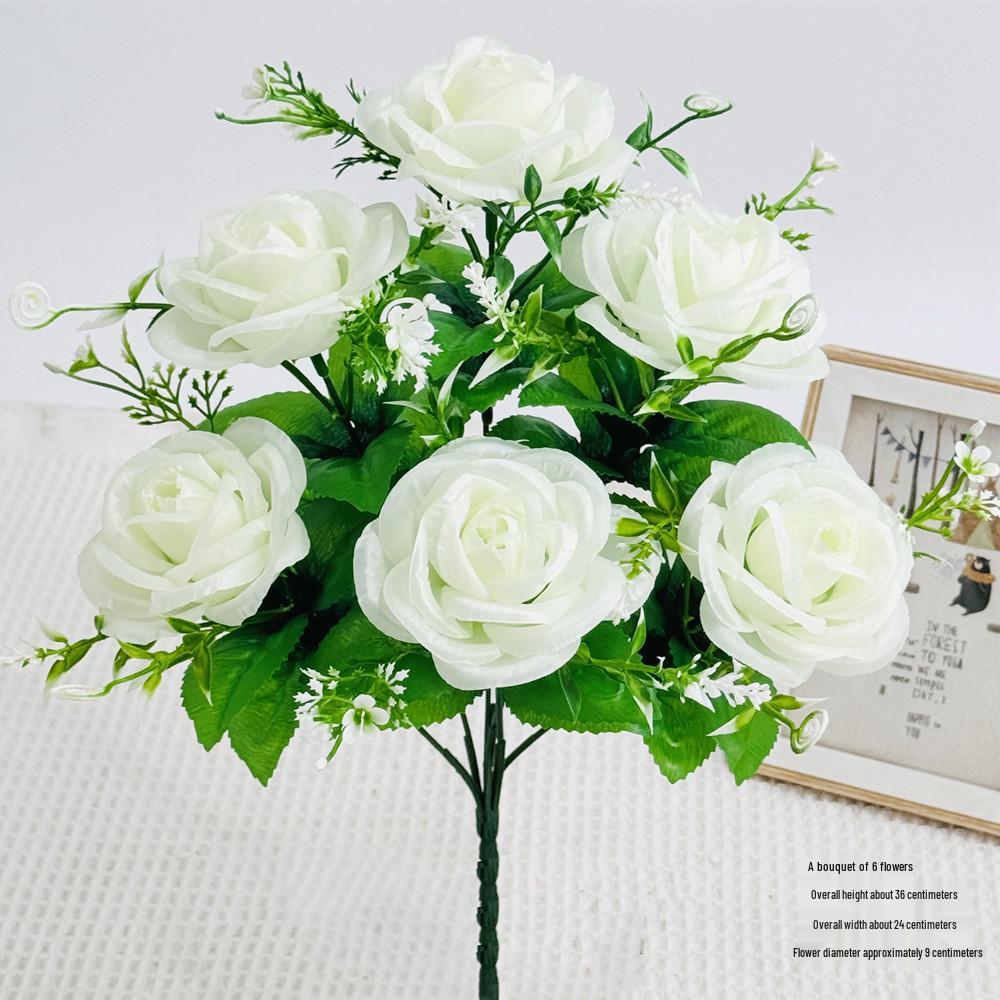 Curly Edge Red Rose Bouquet - 6 Head Artificial Silk Flowers for Living Room Decoration