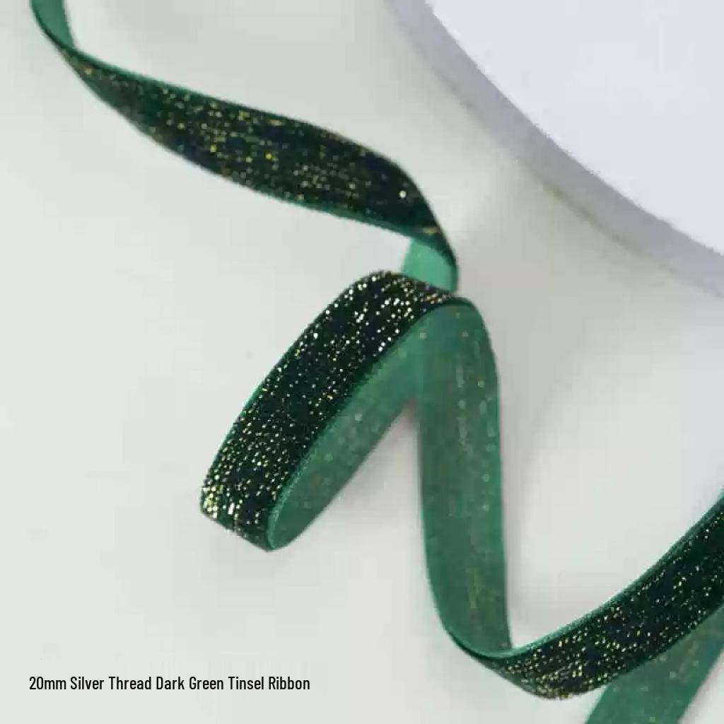 Green Velvet Ribbon with Gold & Silver Glitter Thread for DIY Hair Accessories