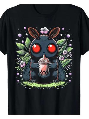 Mothman Boba Tea Kawaii Grafik-T-Shirt - Weiche Baumwolle, lässiges Rundhals-T-Shirt für