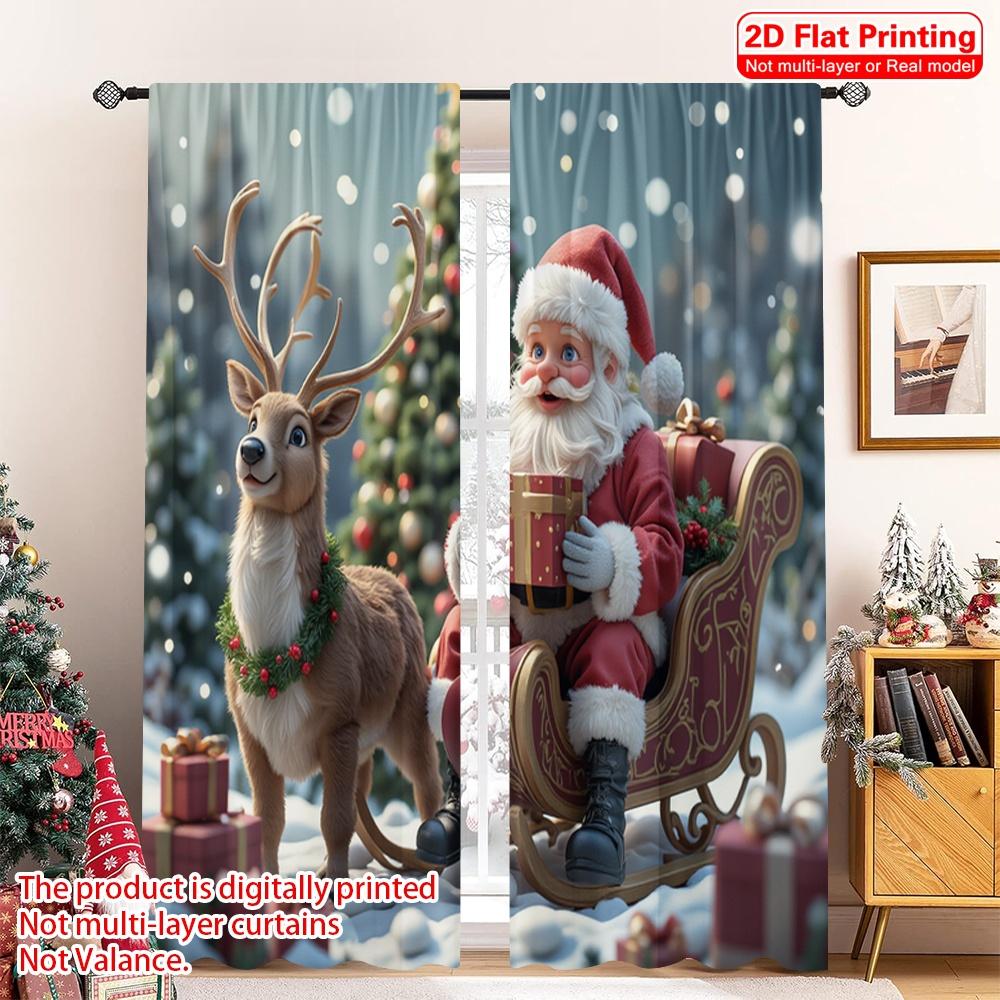 

2pcs 2D flat printing Merry Christmas Popular Party Window Curtains Santa Claus Sleigh Gifts Deer Polyester Without Electricity 52.50×116.00 CM 2pcs