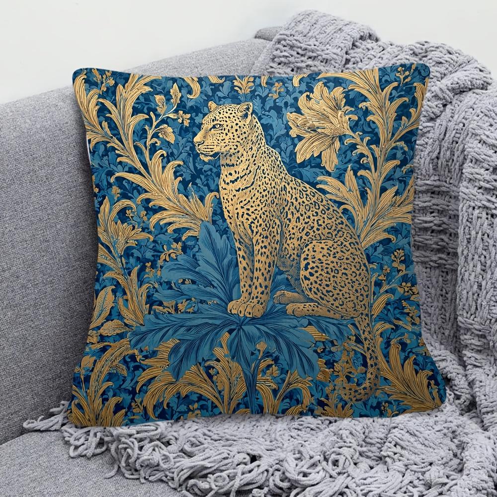 Blue and Gold Leopard Pillow Cover Elegant Damask Pattern for Luxe Home Decor Decorative Sofa Cushion Cover