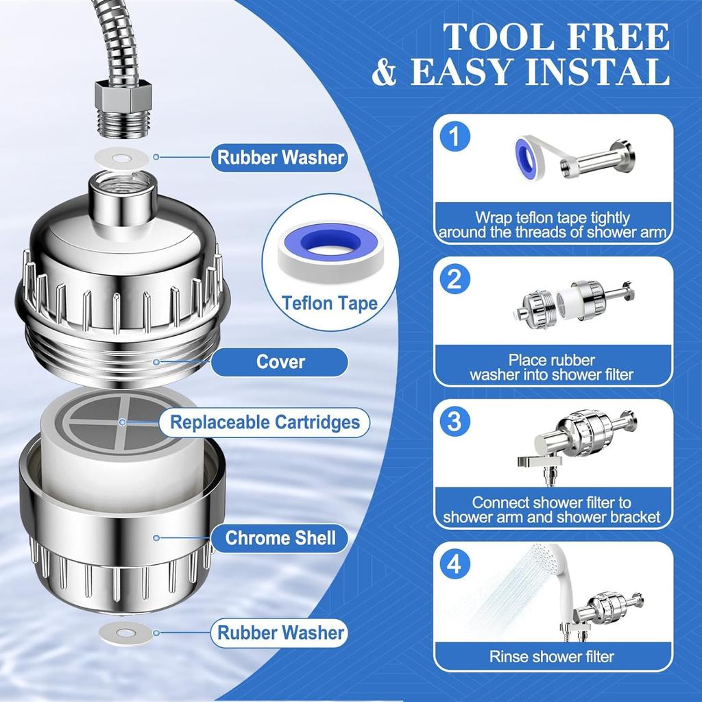 Shower Filter 20 Stage Shower Head Filter for Hard Water Cartridges Water Softener High Pressure Shower Water Filter Remove Chlorine Fluoride