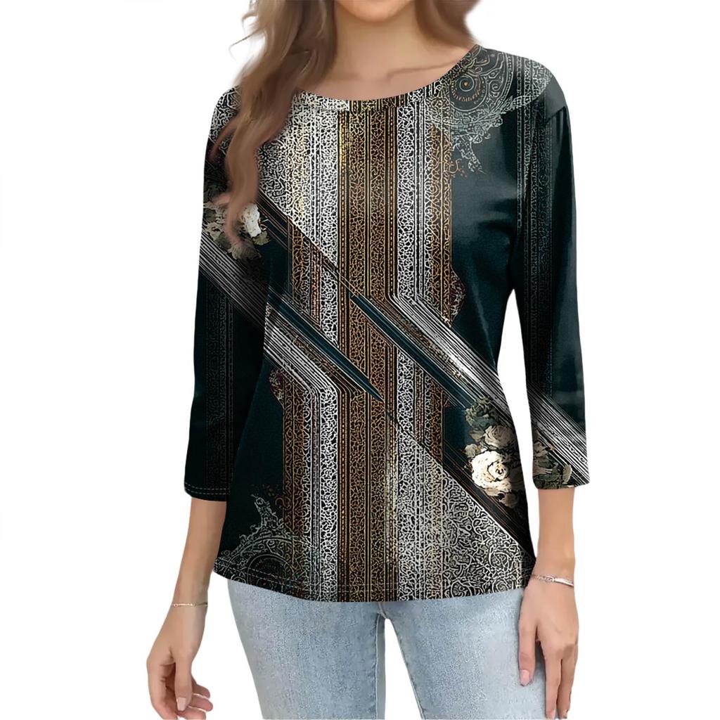 Blusa Feminina da Moda Vintage de Manga 3/4, Camiseta Casual de Manga Três Quartos com Gola Redonda Estampada para Mulheres