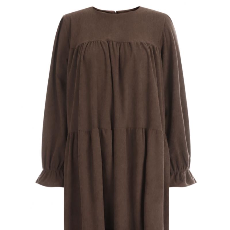 Shop   Women Round Neck 3 Tier Suede Corduroy Long Dress Black Pic Wdr 20083