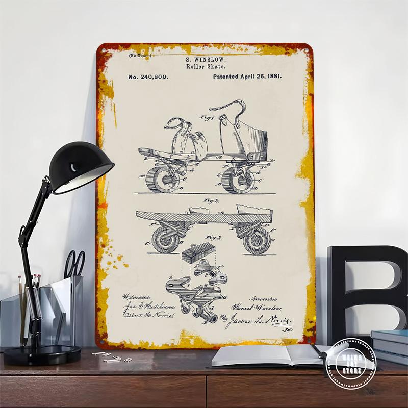 Roller Skate Patent 1881 Poster Customized Wall Art Vintage Metal Signs Retro Tin Plaque for Man Cave Room Decoration Cozy Decor