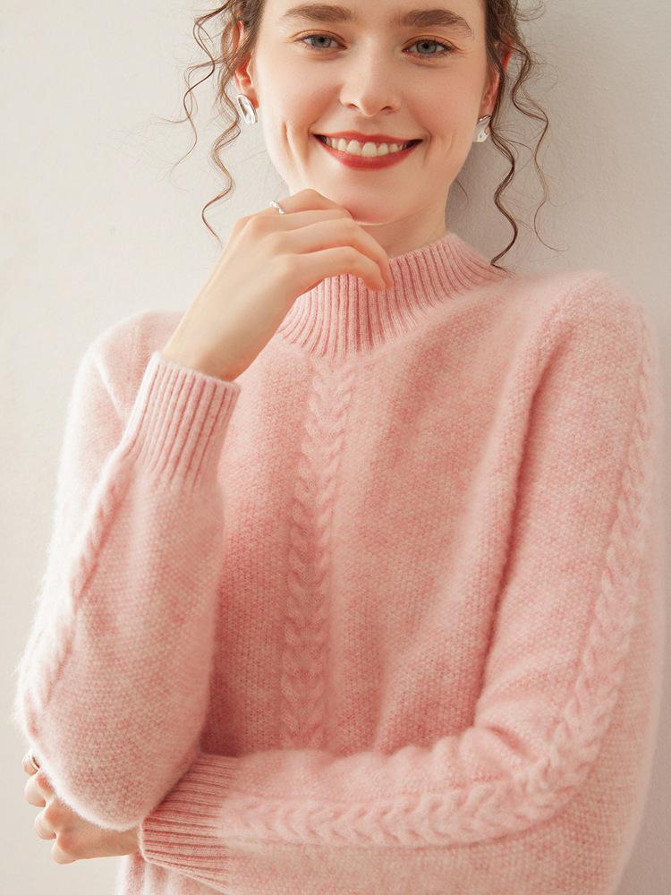 Women's Jacquard Knit Cashmere Sweater - Loose Fit, Half-High Neck, Autumn/Winter Fashion
