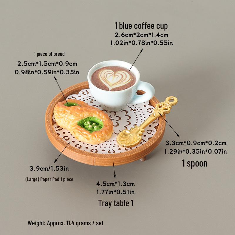 Miniature Dollhouse Table Set: Tray, Coffee Cup, Spoon, Bread Decor