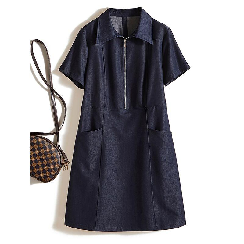 Fresh Women Summer Washed Cotton Denim Blue Front Zipper Easy to Wear with Pockets Dress Slimming Old Pink Close Your Eyes