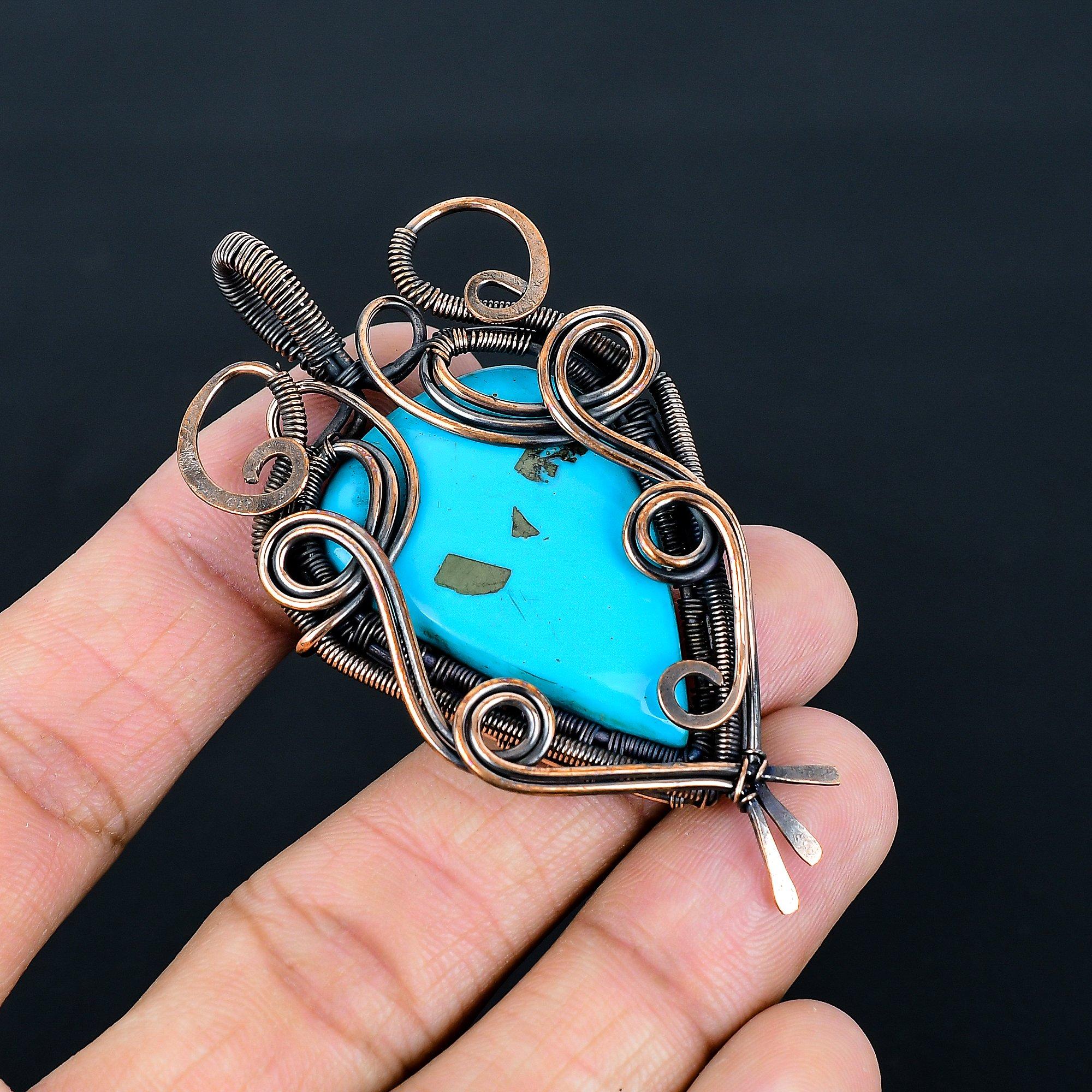 

Turquoise 999 Copper Wire Wrapped Pendant, Handmade Gemstone Jewelry Pendant For Memorial Day 2.55 Inches