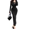 PHOLEEY Sexy Long Slim Black Long Korean Everyday Wear Women's Dress, Off-the-Shoulder, Fit, Dress, Autumn, Elegant, Sleeves, Style, Casual, Date,