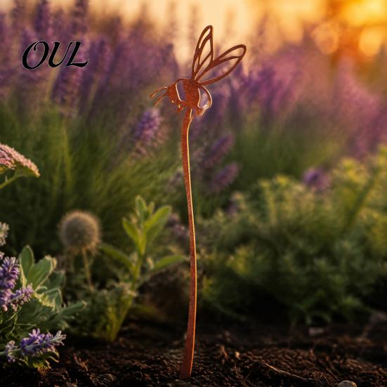 Flower Pot Inserts Rusty Silhouette Garden Stake, Rustic Insert for Patio, Vintage Iron Art Bird Bee Butterfly And Ladybug Design Metal Outdoor
