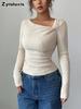 Knit Ribbed Top for Women, Autumn Fall New Style Atmospheric Sloped Neck Shirt