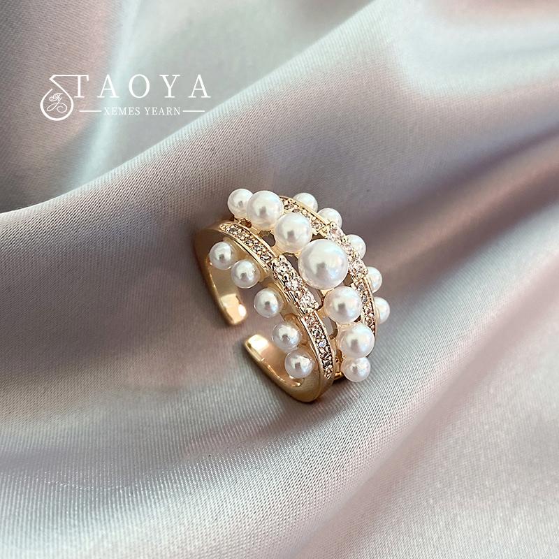 

2026 New Exquisite Pearl Zircon Gold Color Open Rings Wedding Party Women s Fashion Jewelry Luxury Finger Accessories for Girls resizable&Gold-color білий