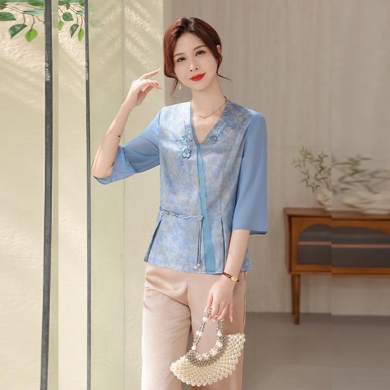 

Mother s Satin Carved Print Shirt - Chinese Style Summer Wear for Middle-Aged and Elderly Women (FGC81225) XXXL синий