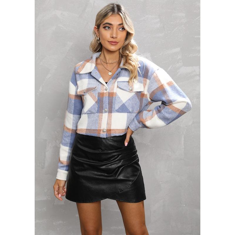 YYFS Women's Fashion Casual Plaid Print Autumn Winter Long Sleeve POLO Neck Jackets & Coats