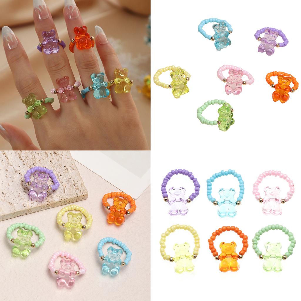 6pcs Cartoon Bear Pendant Rings Unique Elastic Beaded Rings Adjustable Finger Rings Ornament Colorful Resin Accessories