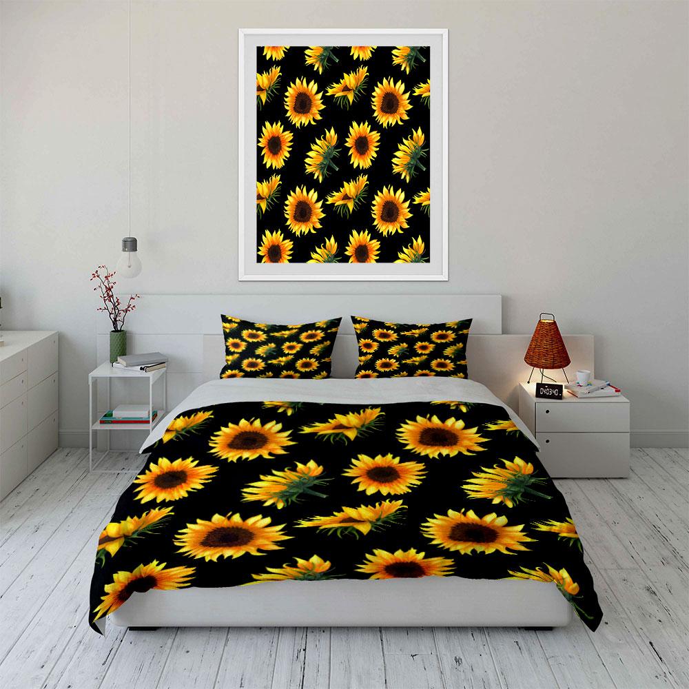 Sunflower print Black Background Bedding Set for Kids Luxury Gift 3pcs Digital Print Comforter Set Soft Comfortable Breathable