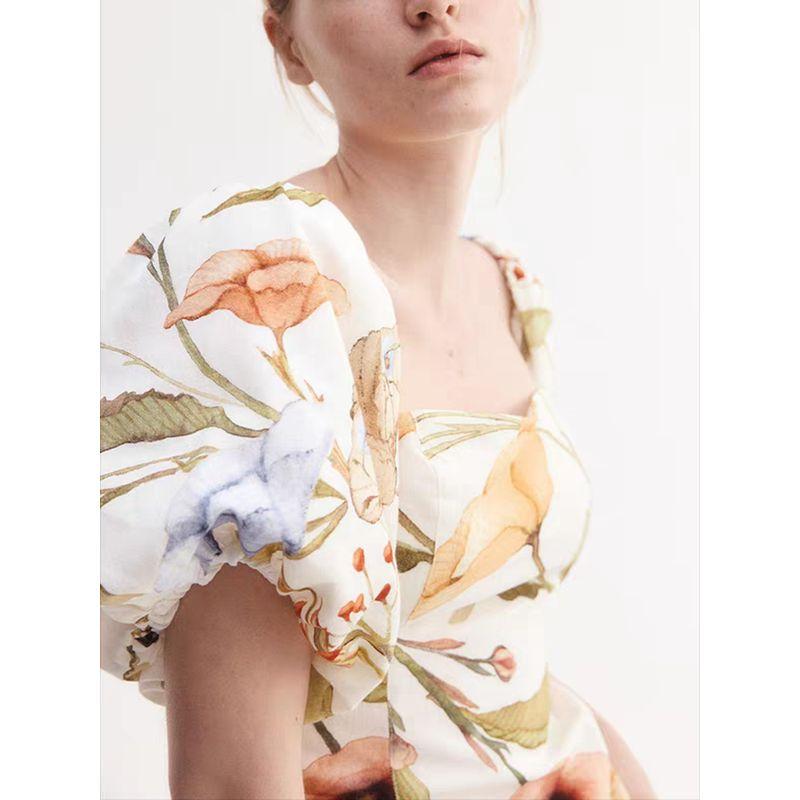 Za2025 Summer New Product Women's Clothes French Square Collar Puff Sleeve Print Silm off-the-Shoulder Dress 1272220