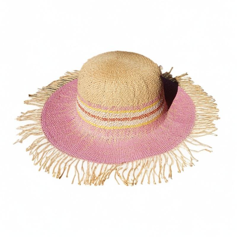 Korean Version Of Rose Pink Vacation Beach Woven Wide Brim Wavy Hair Beard Top Hat Women'S Summer Sunshade Sun Protection Travel Straw Hat