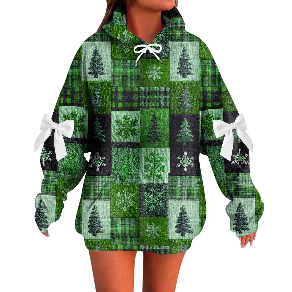 Ladies' Christmas Printed Bow Long Sleeved Loose Fitting Headband With Rope Hooded Sweatshirt Top