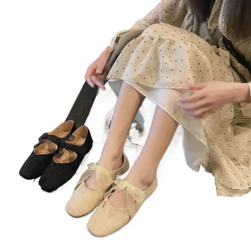 Fairy shallow mouth single shoes spring new flat bottom strap shoes square head bow female retro ballet grandma shoes