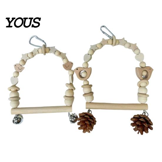 Wooden Blocks Bird Chew Toy Parrot Swing Perch, Toy, Beaded Arch Play Gym with Bells or Pine Cones, Cage Accessories for Parakeet Cockatiel